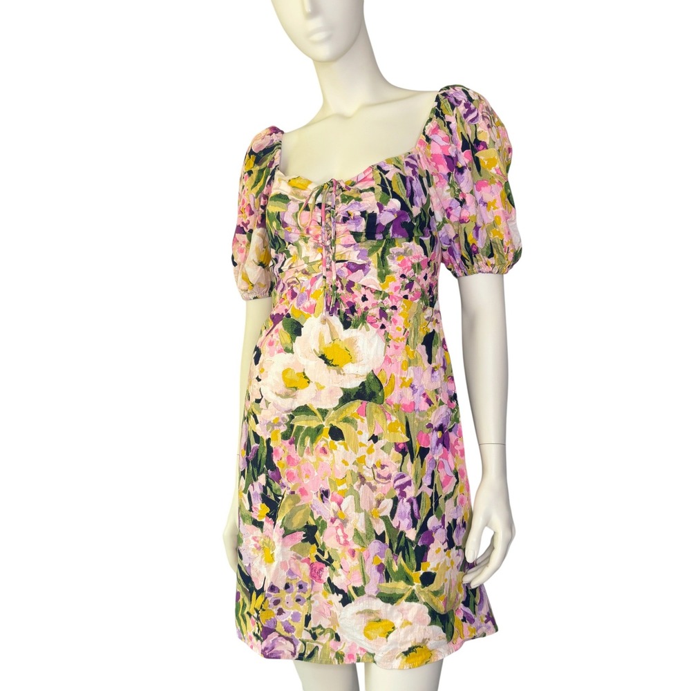 H&M Puffy Sleeve Feminine Floral Pink, yellow‎ and Lavender Mini Dress
